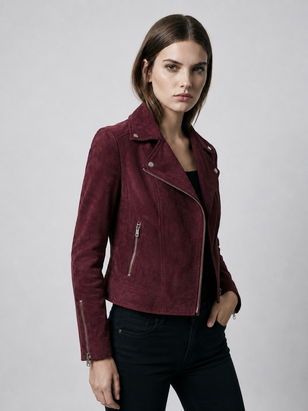 Women's Cropped Faux Suede Biker Jacket