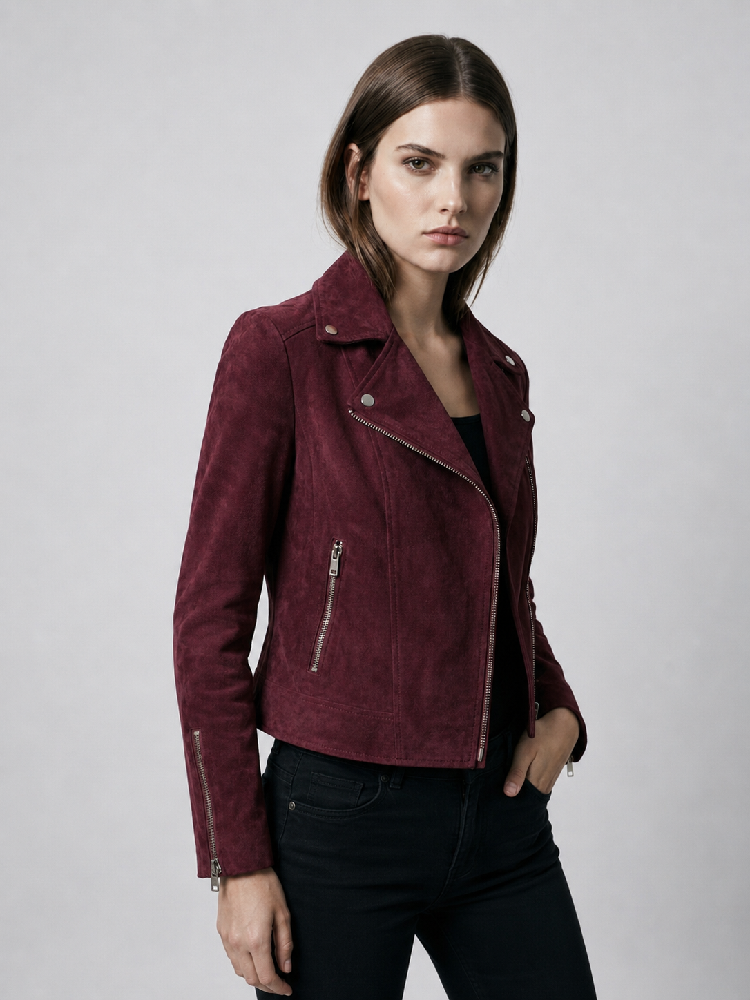 Women's Cropped Faux Suede Biker Jacket