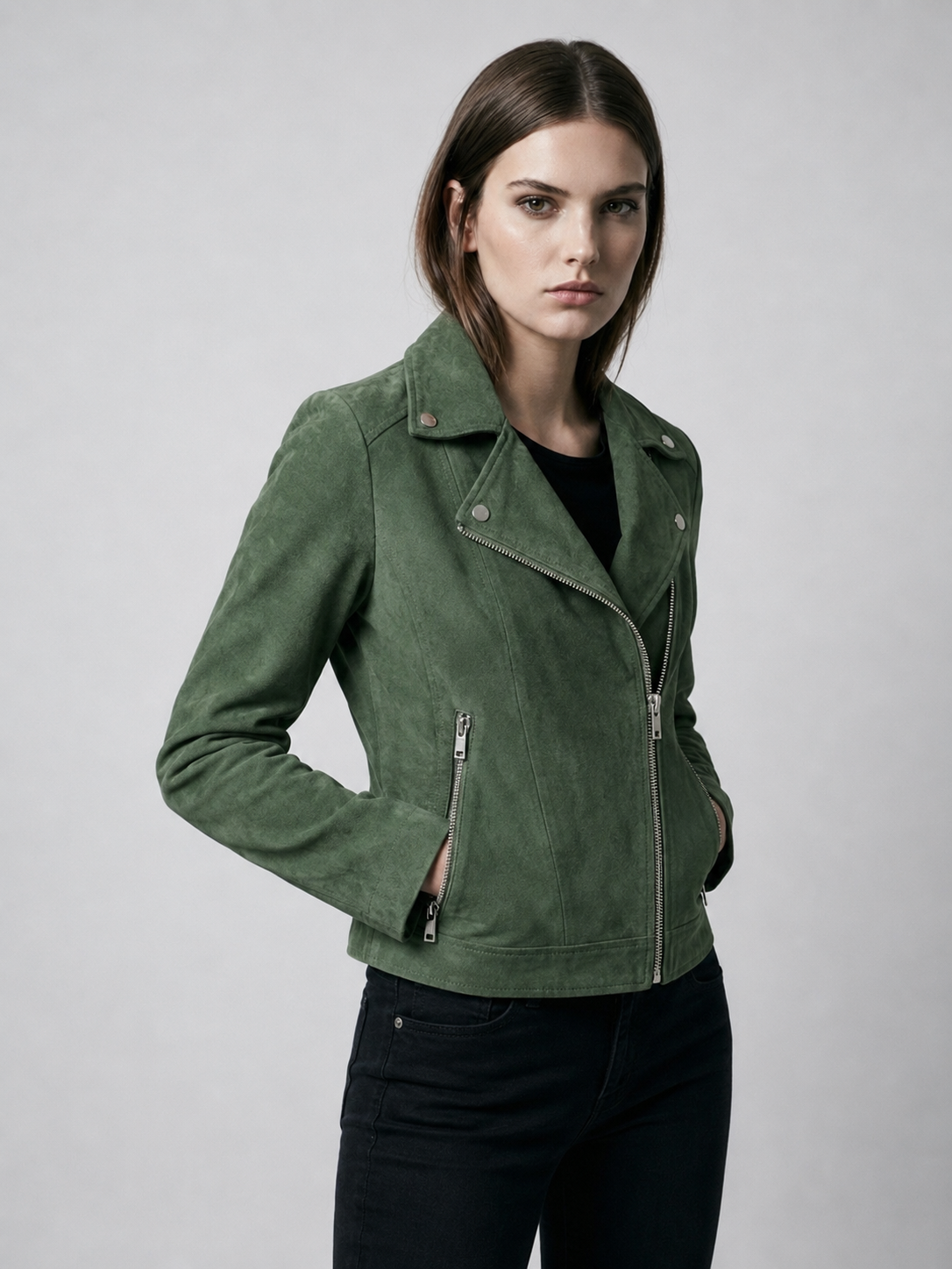 Women's Cropped Faux Suede Biker Jacket