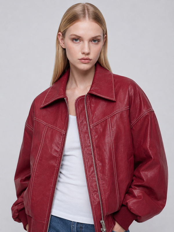 Women's Red Oversized Faux Leather Bomber Jacket