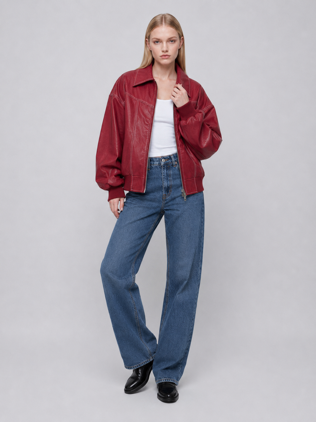 Women's Red Oversized Faux Leather Bomber Jacket