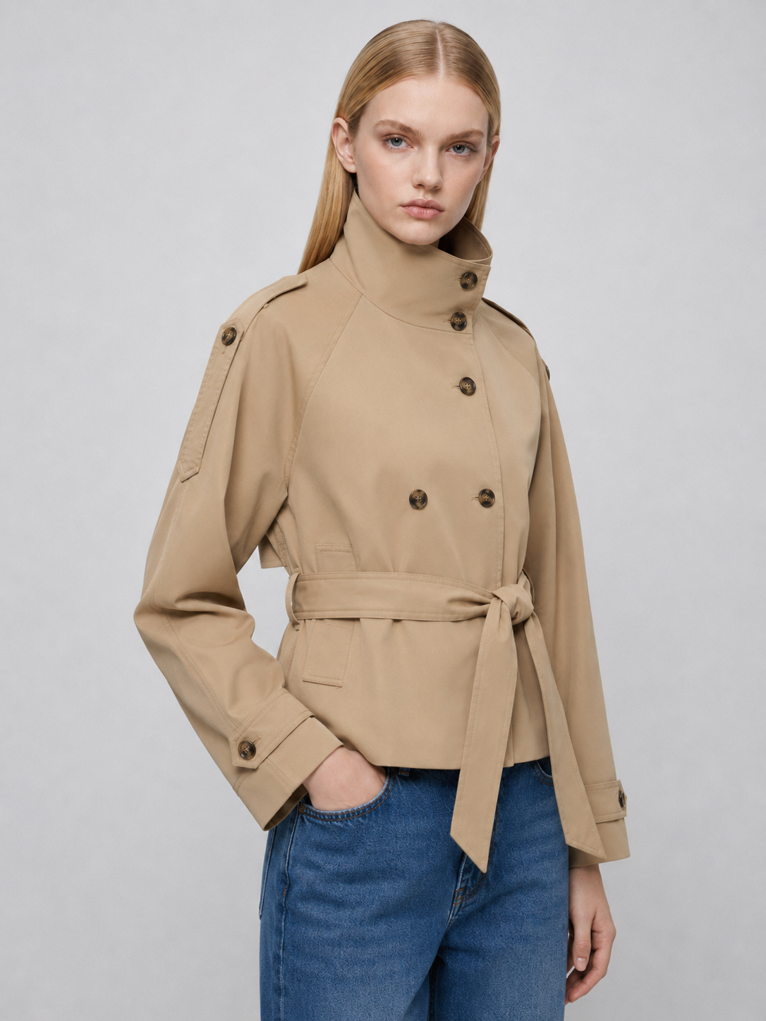 Women's Cropped Belted Double-Breasted Trench Coat Secondary image