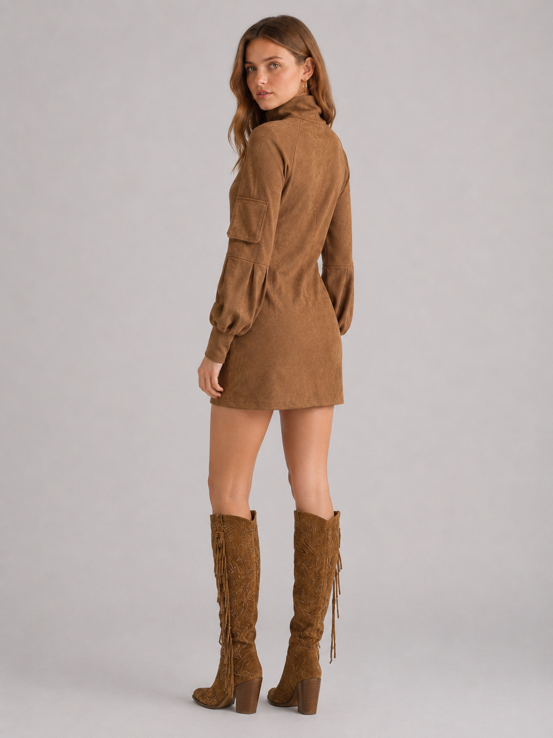 Women's Brown Faux Suede Turtleneck Mini Dress