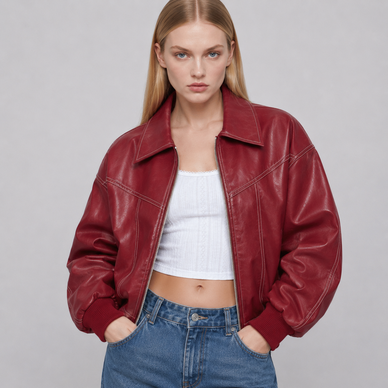 Women's Red Oversized Faux Leather Bomber Jacket
