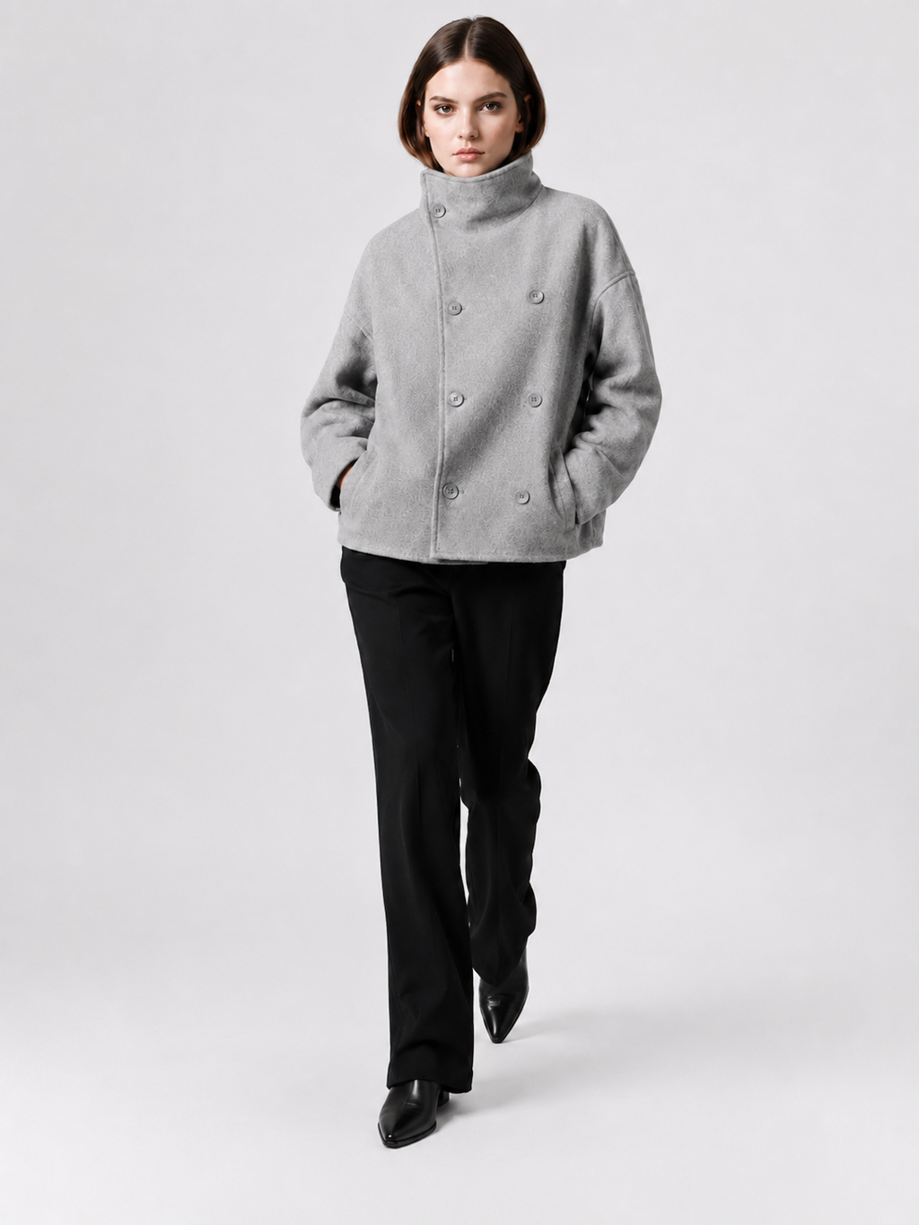 Women's Cropped Double-Breasted Funnel-Neck Jacket