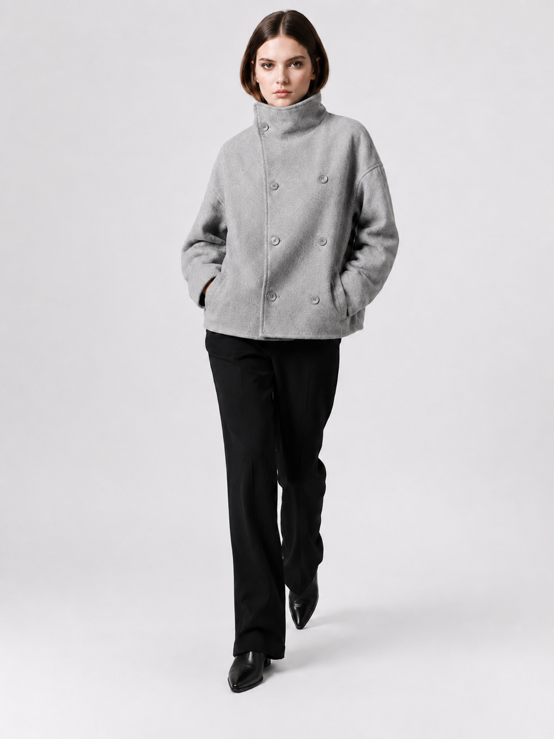 Women's Cropped Double-Breasted Funnel-Neck Jacket