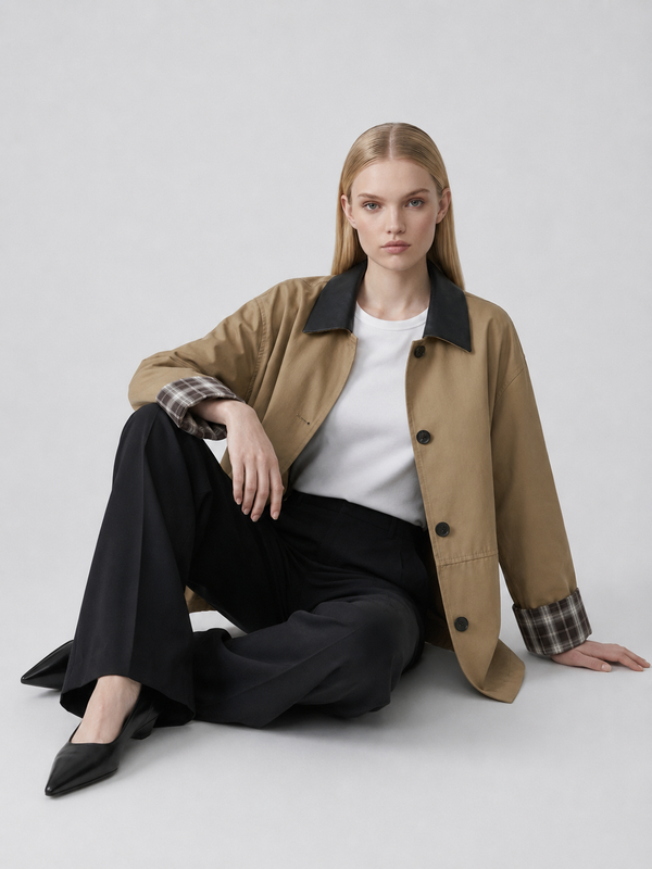 Women's Khaki Contrast Collar Button-Up Jacket