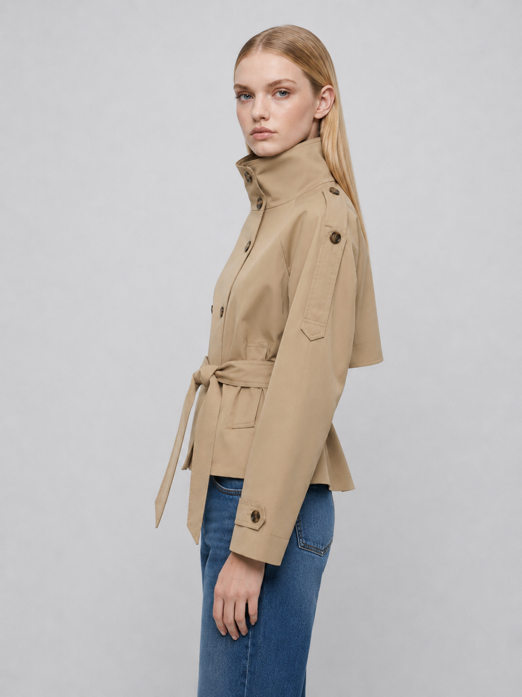 Women's Cropped Belted Double-Breasted Trench Coat