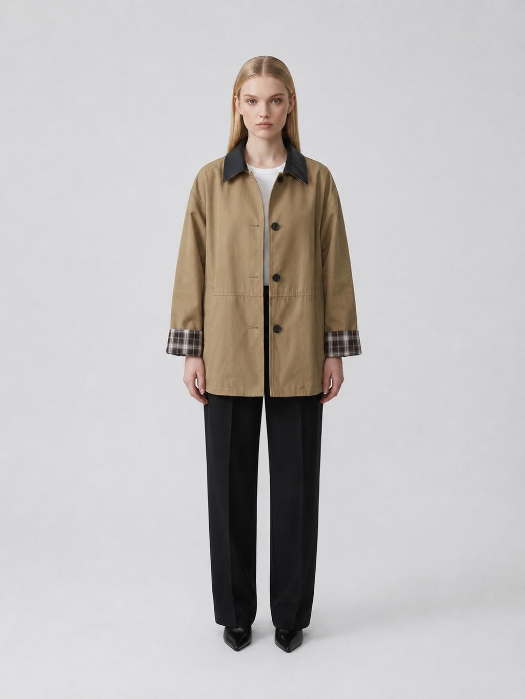 Women's Khaki Contrast Collar Button-Up Jacket