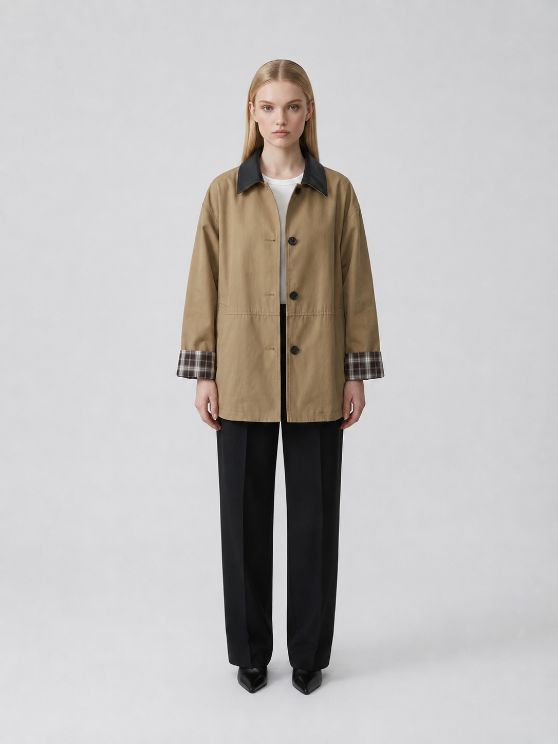 Women's Khaki Contrast Collar Button-Up Jacket