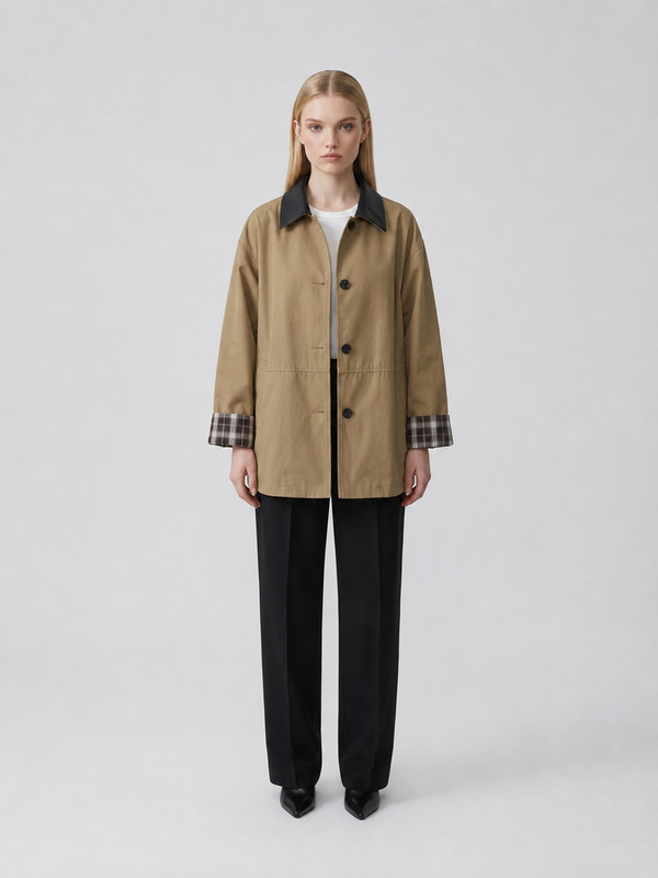 Women's Khaki Contrast Collar Button-Up Jacket