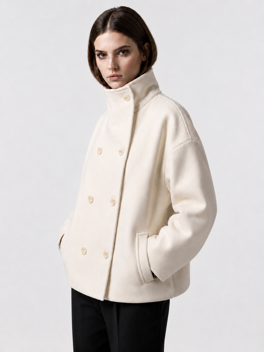 Women's Cropped Double-Breasted Funnel-Neck Jacket