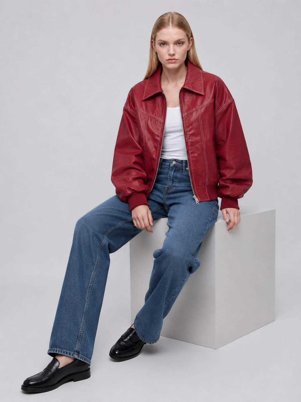 Women's Red Oversized Faux Leather Bomber Jacket