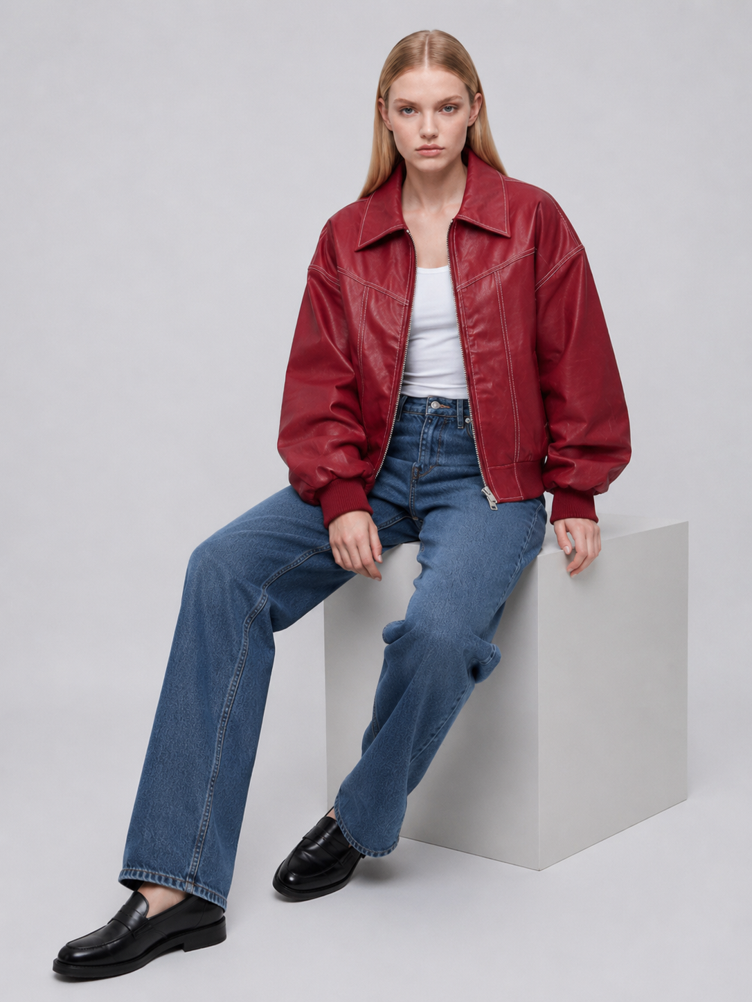 Women's Red Oversized Faux Leather Bomber Jacket