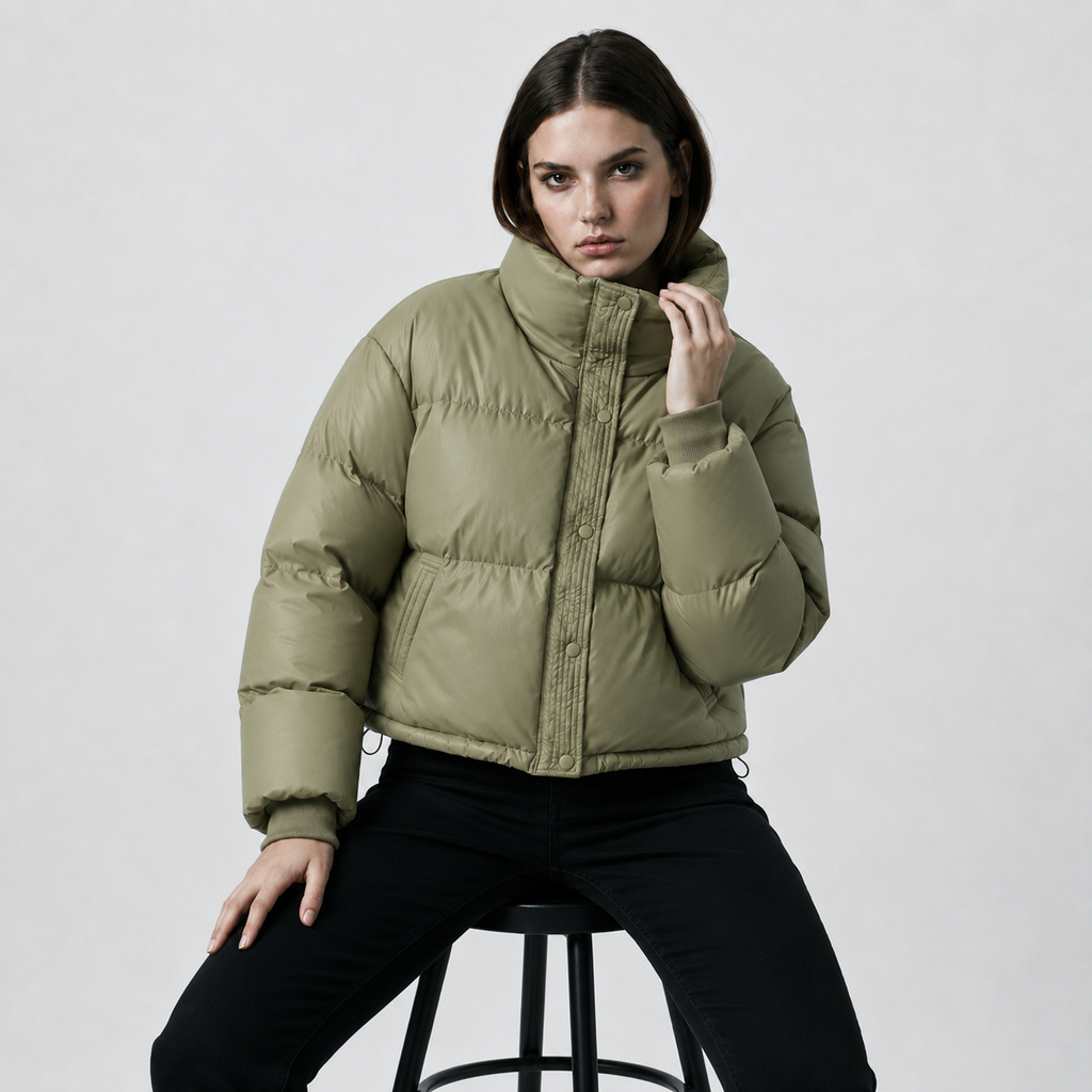 Women's Cropped Funnel-Neck Winter Puffer Jacket