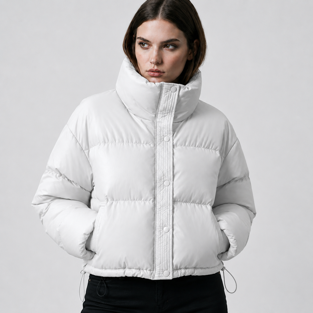 Women's Cropped Funnel-Neck Winter Puffer Jacket