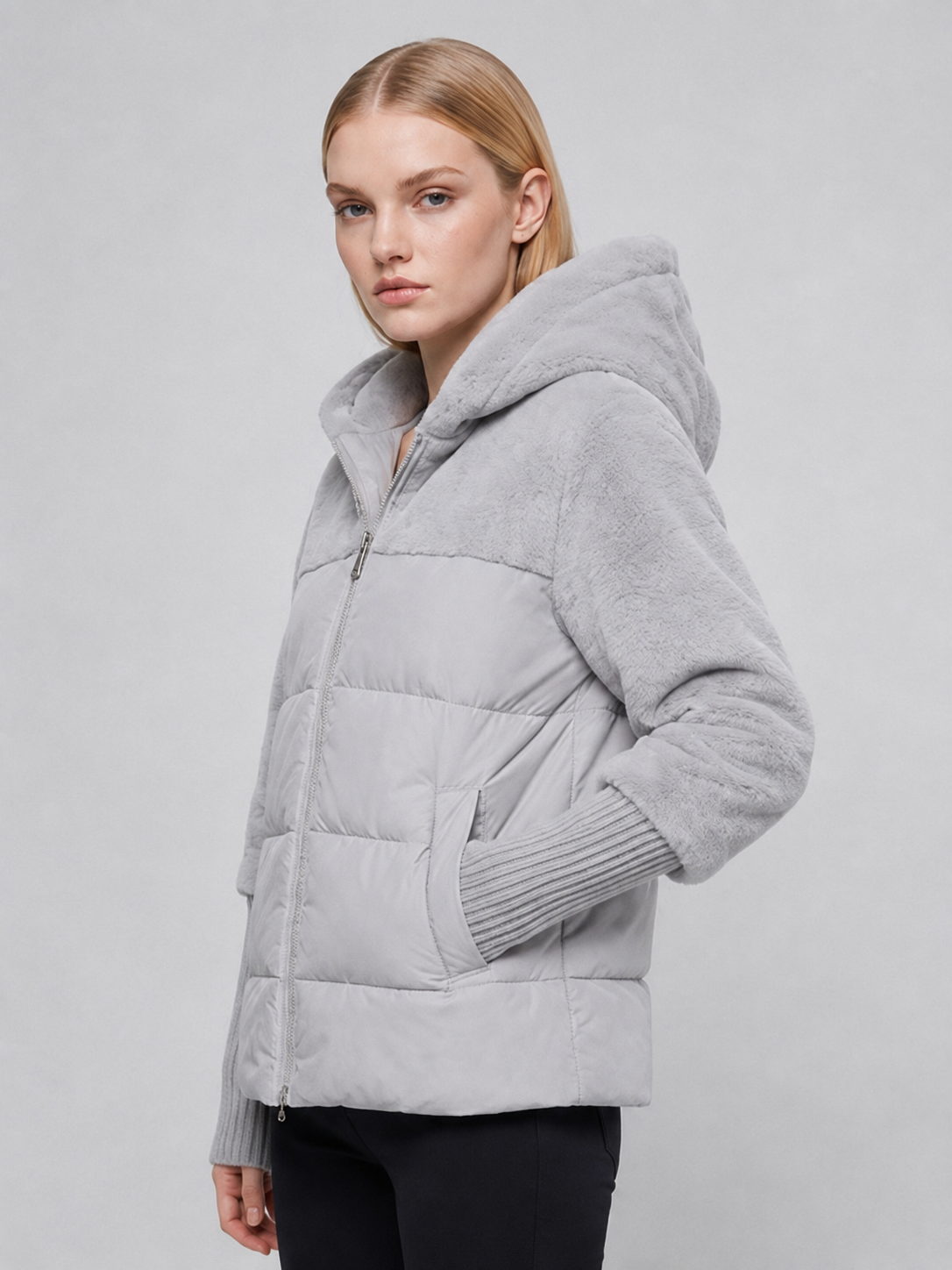 Women's Grey Hooded Winter Puffer Jacket
