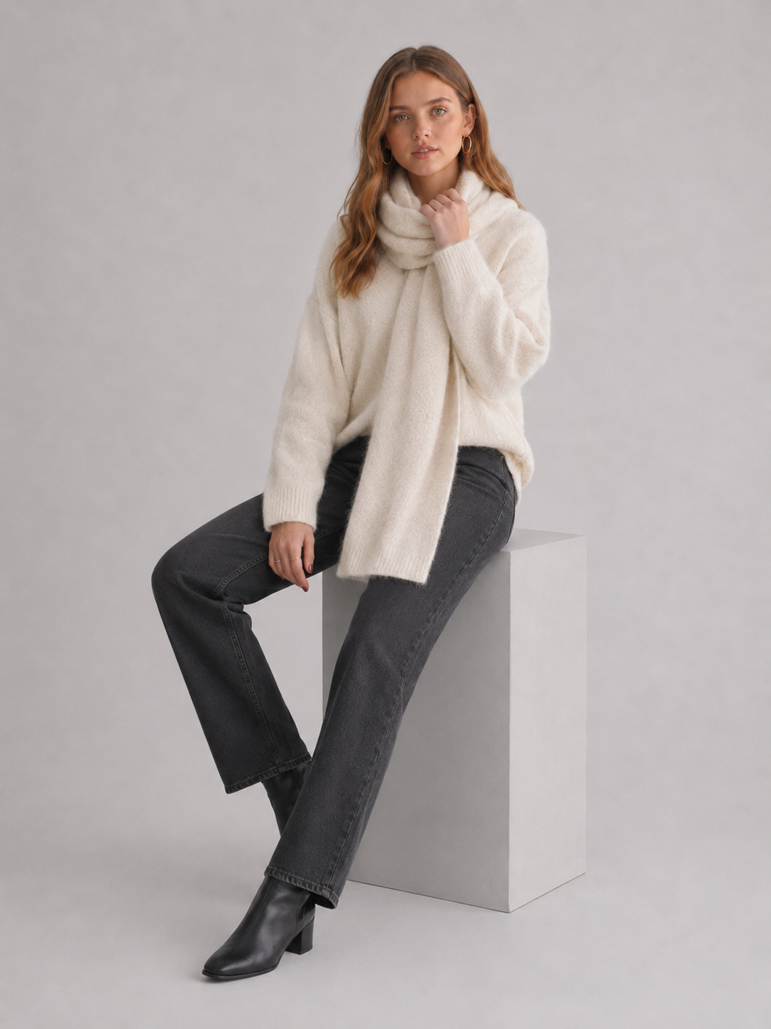 Women's Fluffy Knit Jumper & Scarf Set