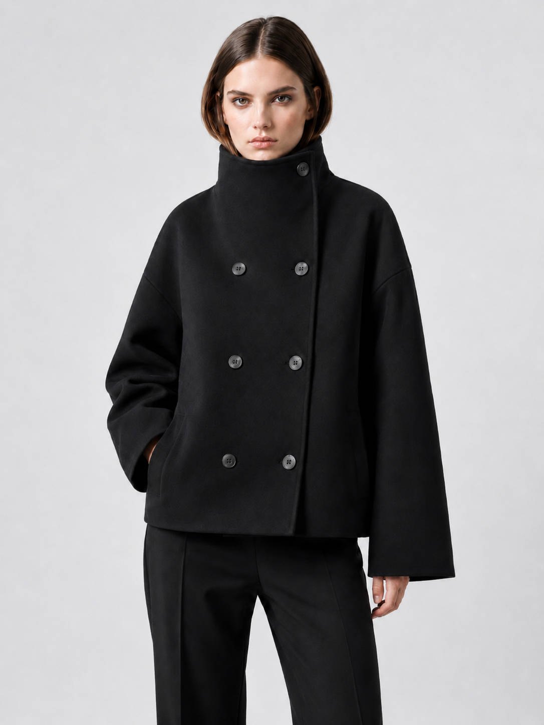 Women's Cropped Double-Breasted Funnel-Neck Jacket