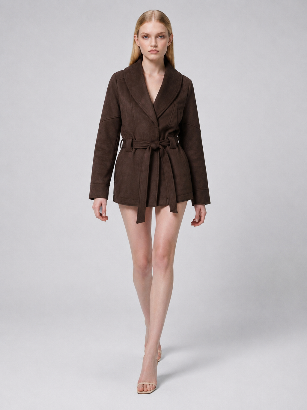 Women's Brown Belted Faux Suede Jacket