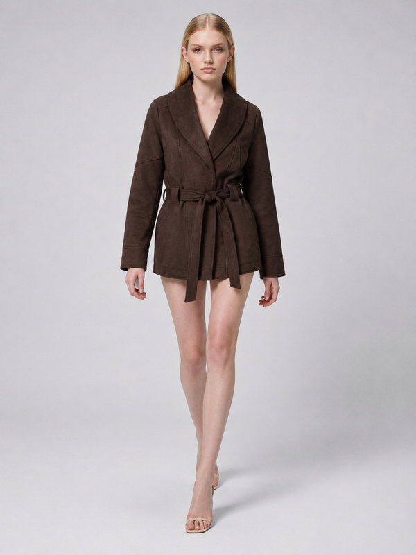 Women's Brown Belted Faux Suede Jacket