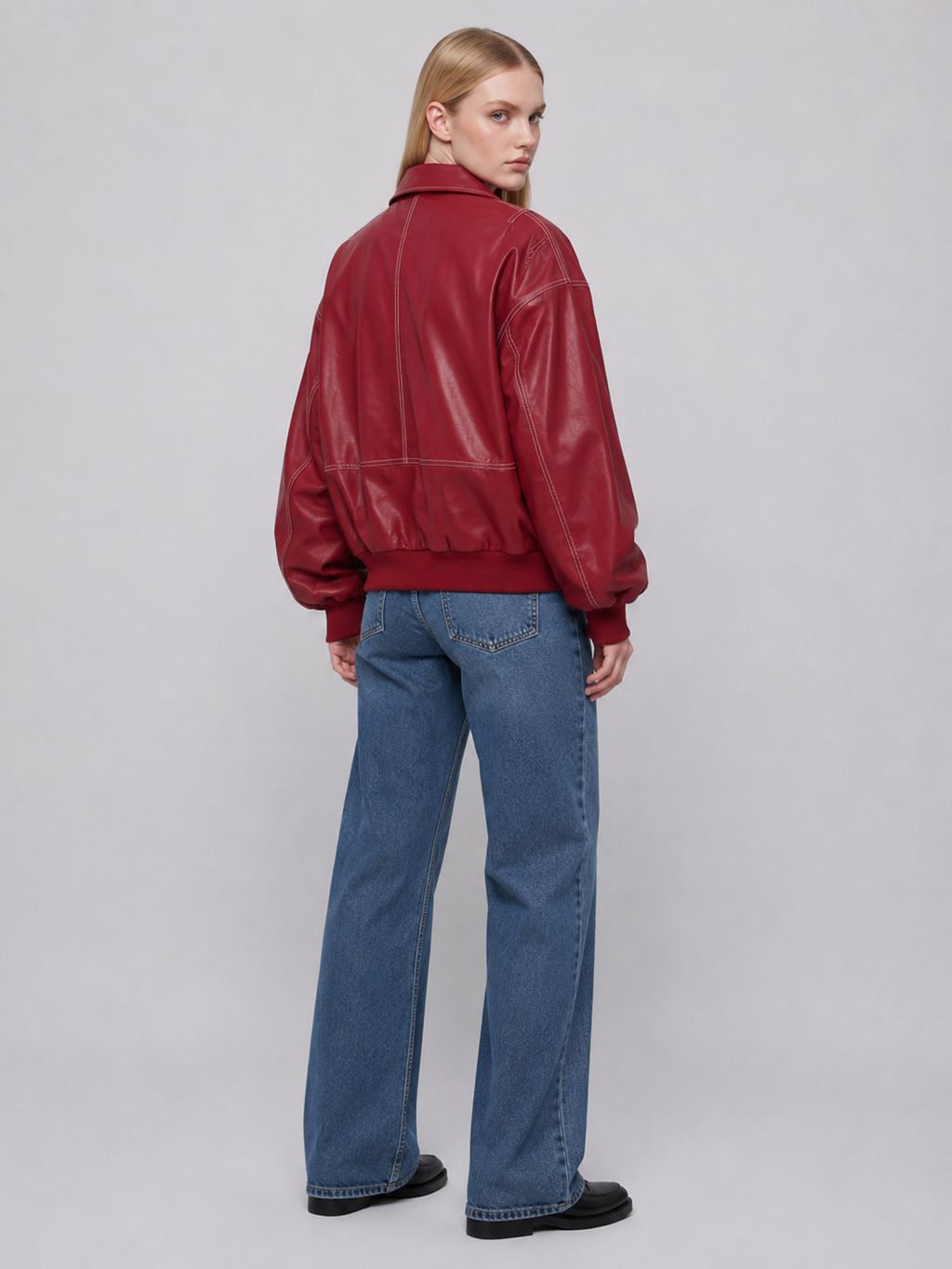 Women's Red Oversized Faux Leather Bomber Jacket
