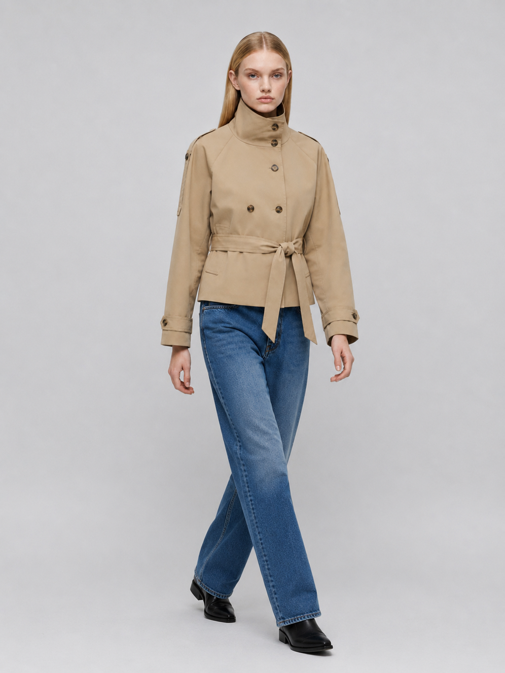 Women's Cropped Belted Double-Breasted Trench Coat
