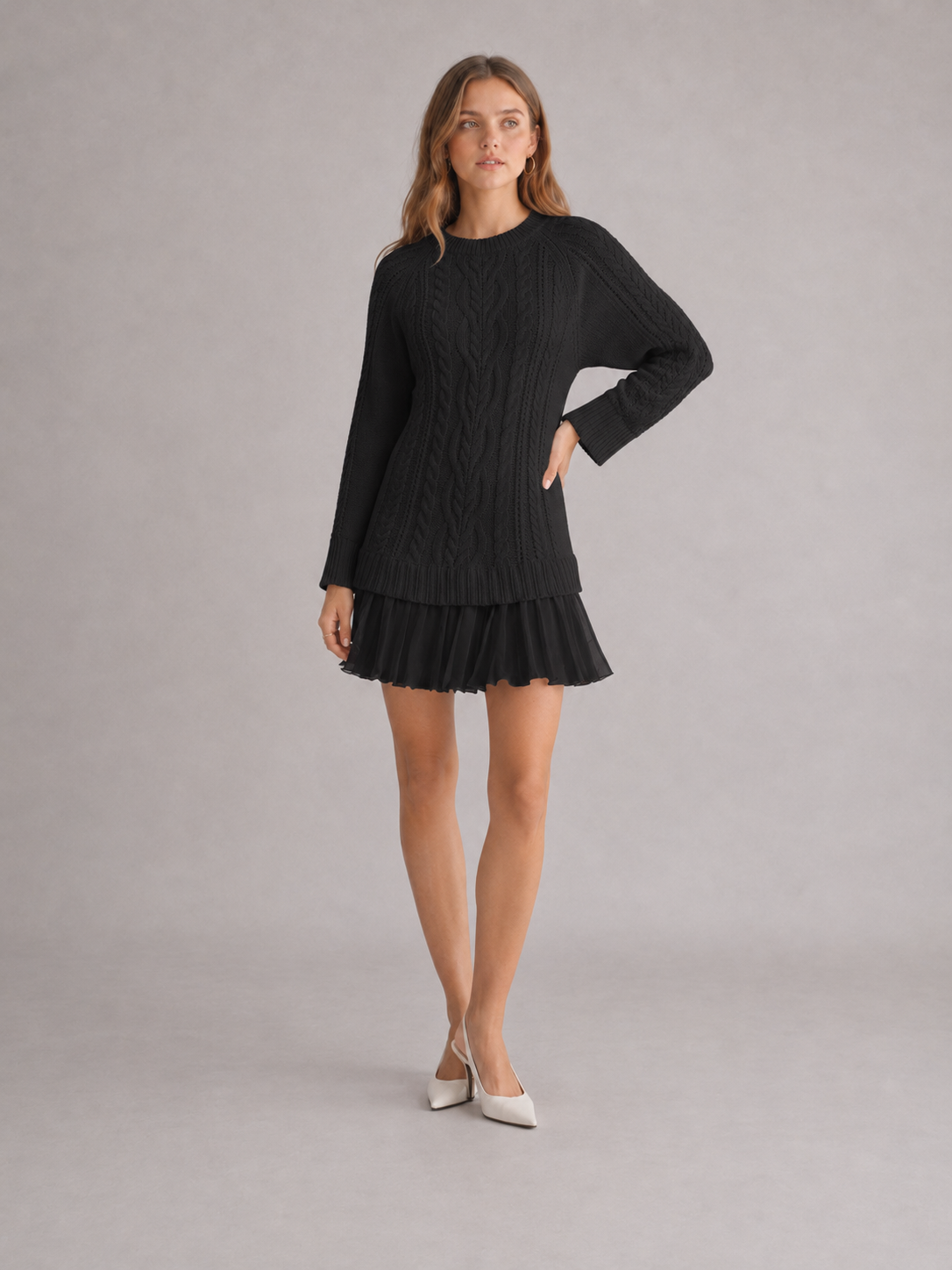 Women's Cable Knit Pleated Mini Dress