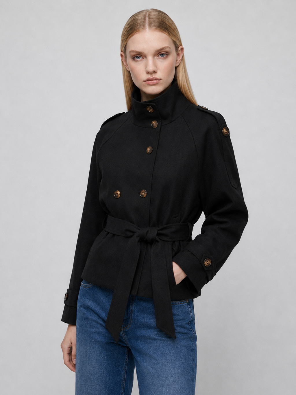 Women's Cropped Belted Double-Breasted Trench Coat