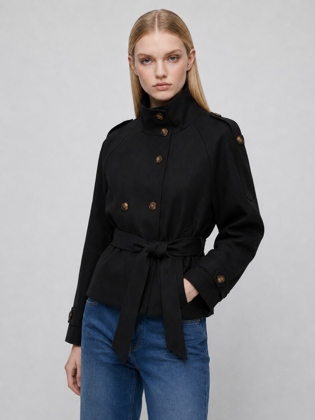 Women's Cropped Belted Double-Breasted Trench Coat