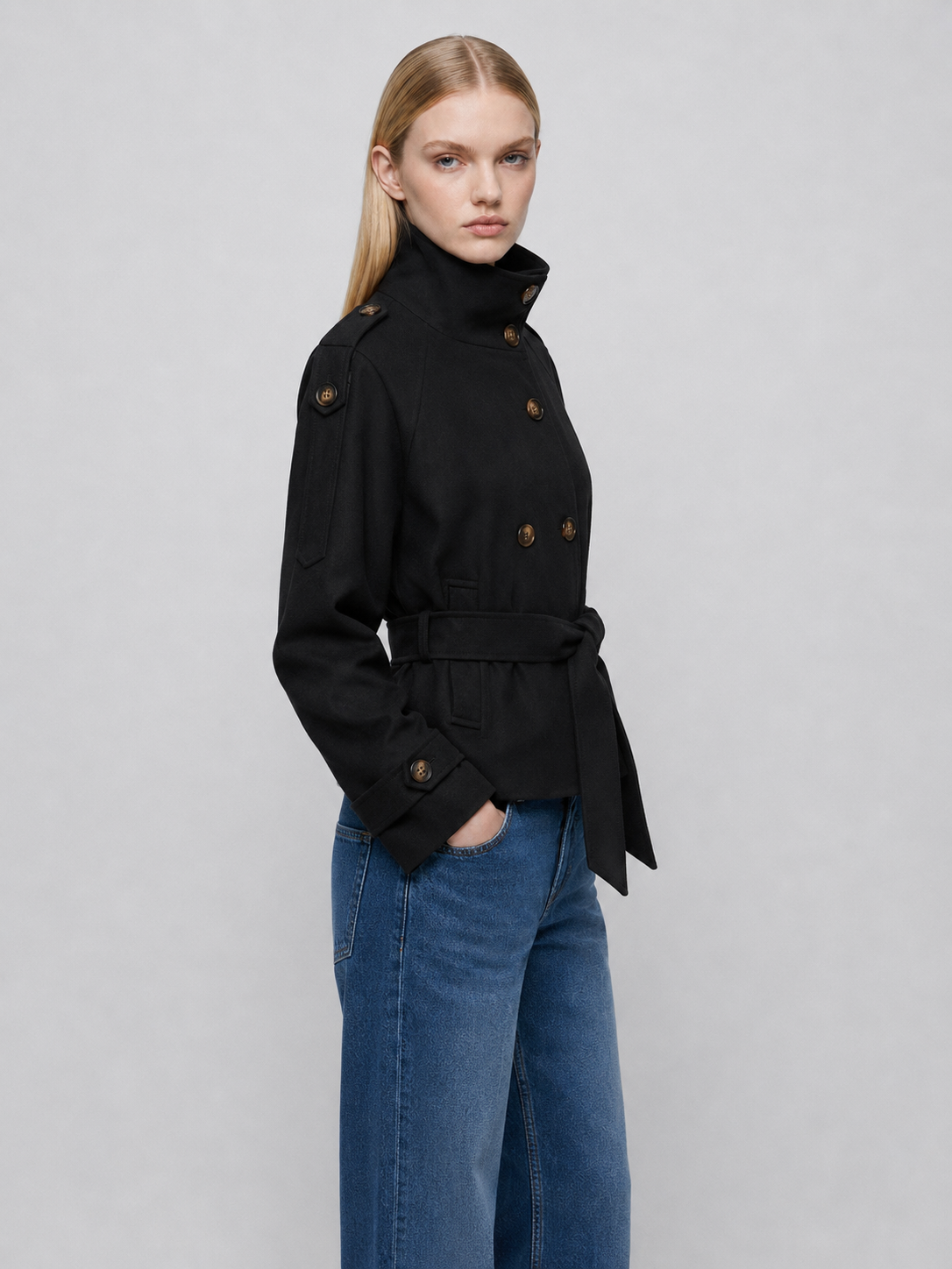 Women's Cropped Belted Double-Breasted Trench Coat