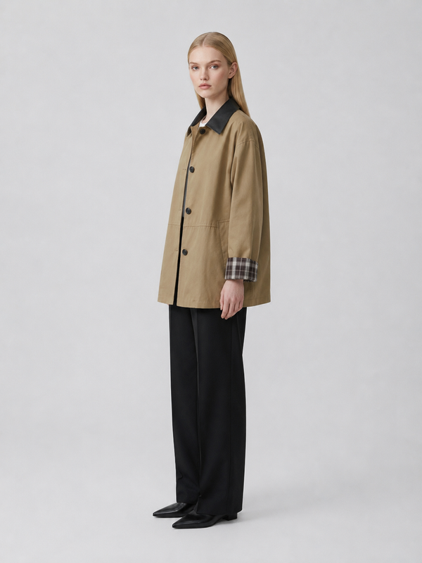 Women's Khaki Contrast Collar Button-Up Jacket
