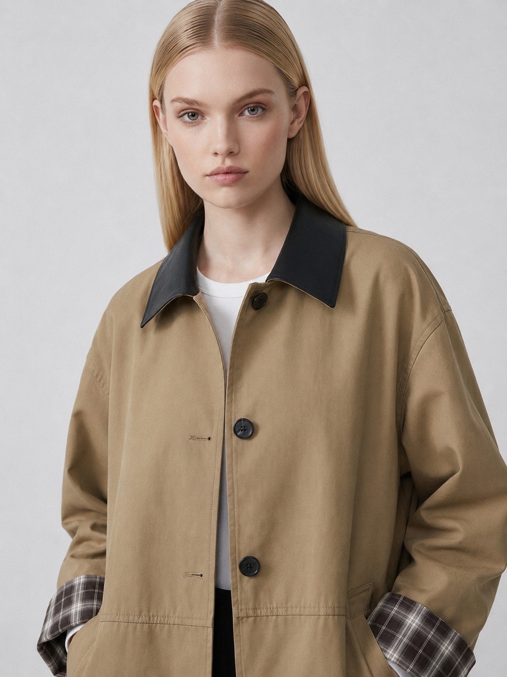 Women's Khaki Contrast Collar Button-Up Jacket