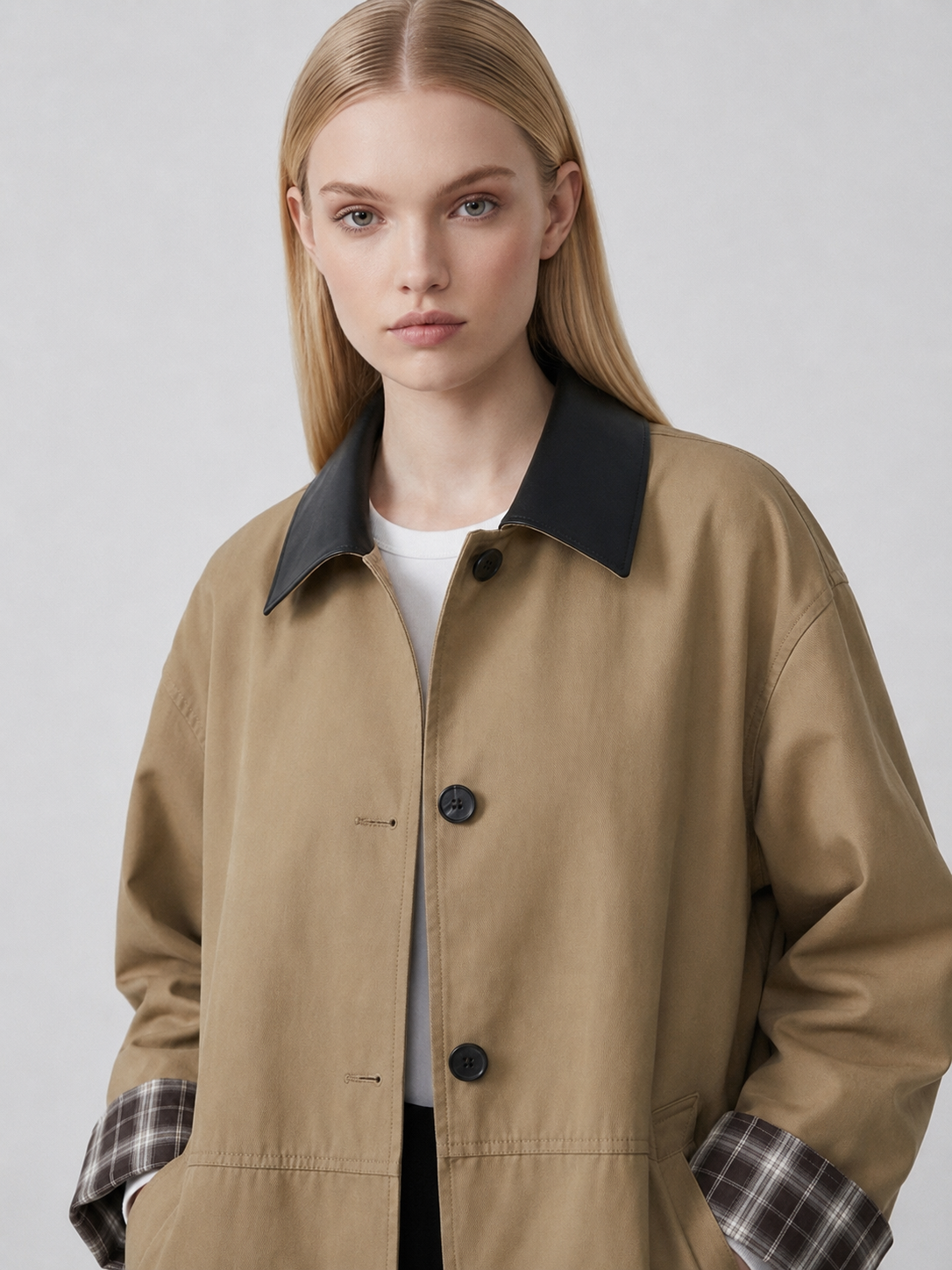Women's Khaki Contrast Collar Button-Up Jacket