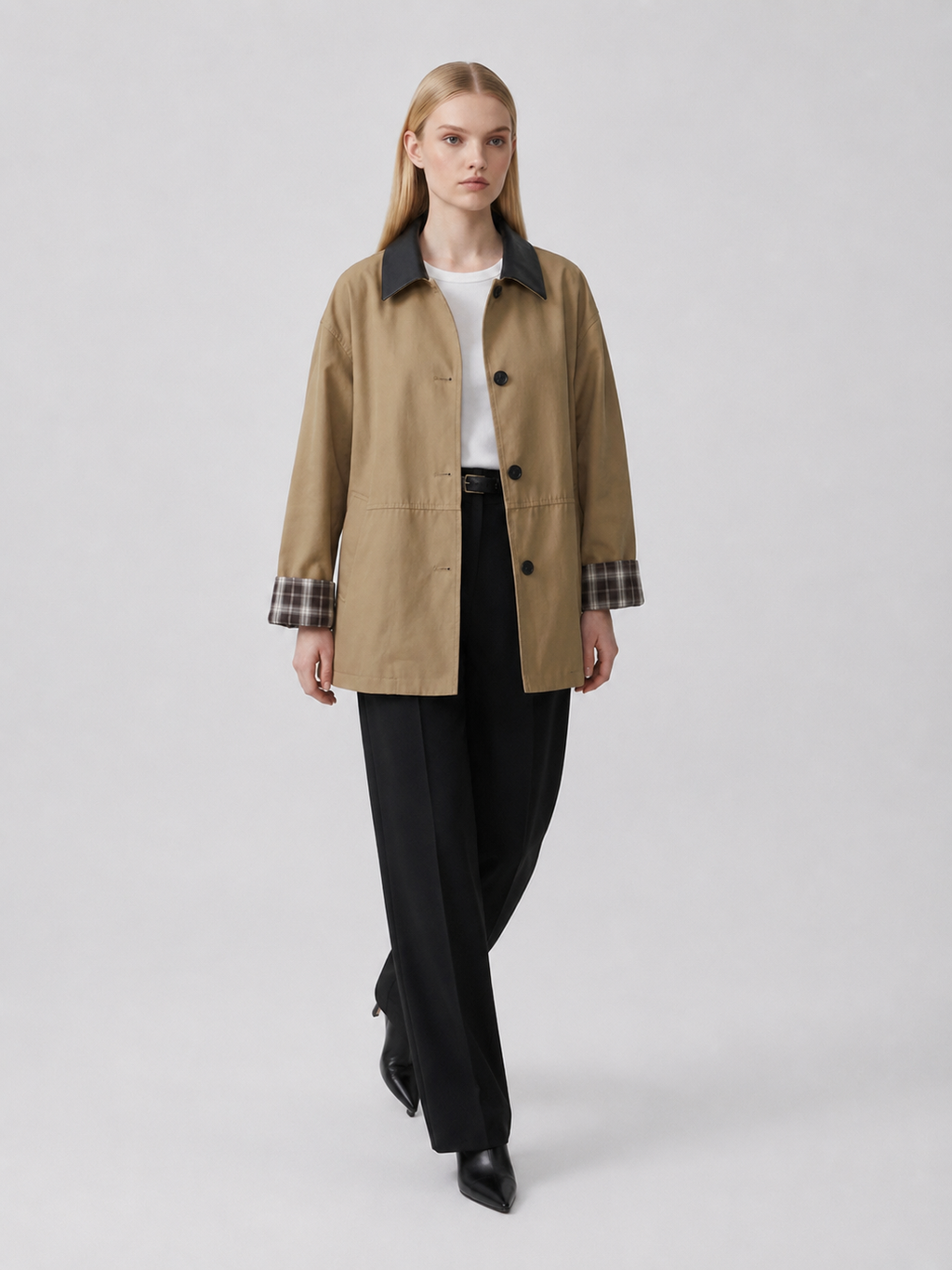 Women's Khaki Contrast Collar Button-Up Jacket