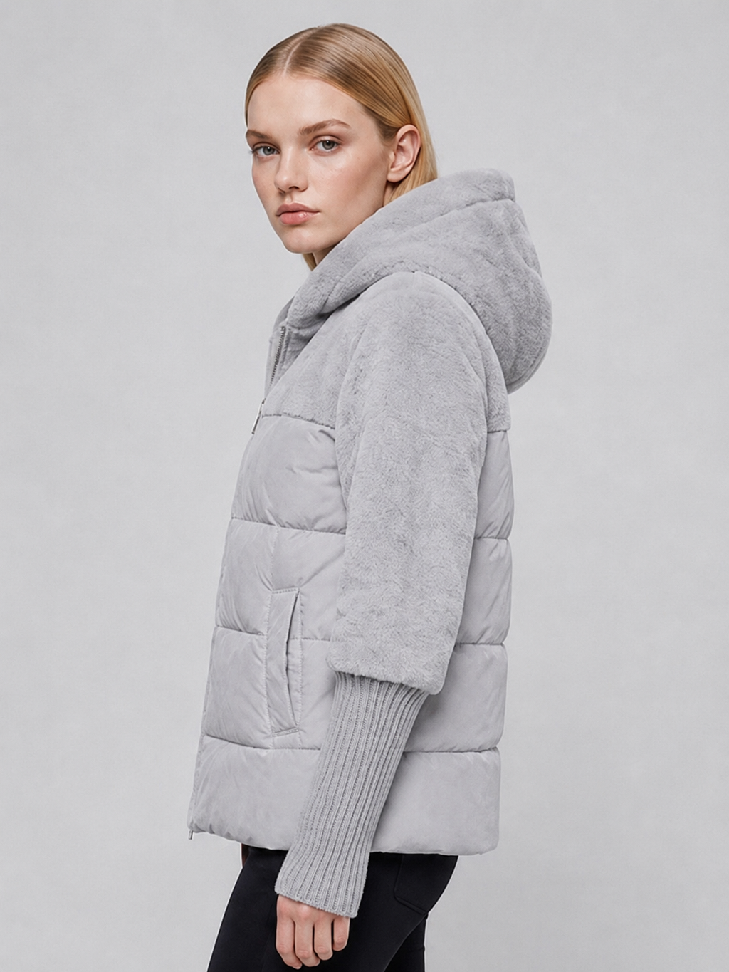 Women's Grey Hooded Winter Puffer Jacket