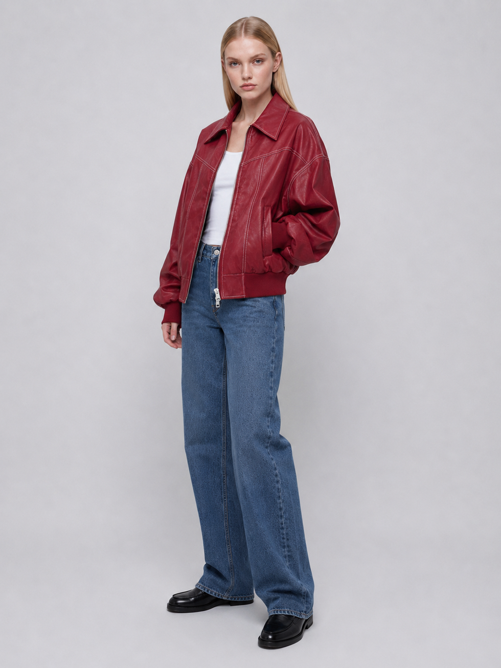 Women's Red Oversized Faux Leather Bomber Jacket