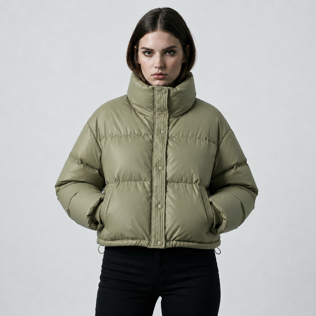 Women's Cropped Funnel-Neck Winter Puffer Jacket