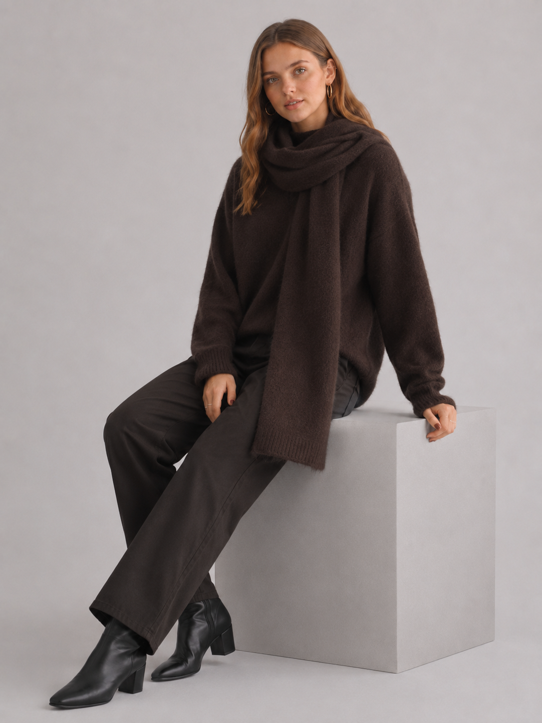 Women's Fluffy Knit Jumper & Scarf Set