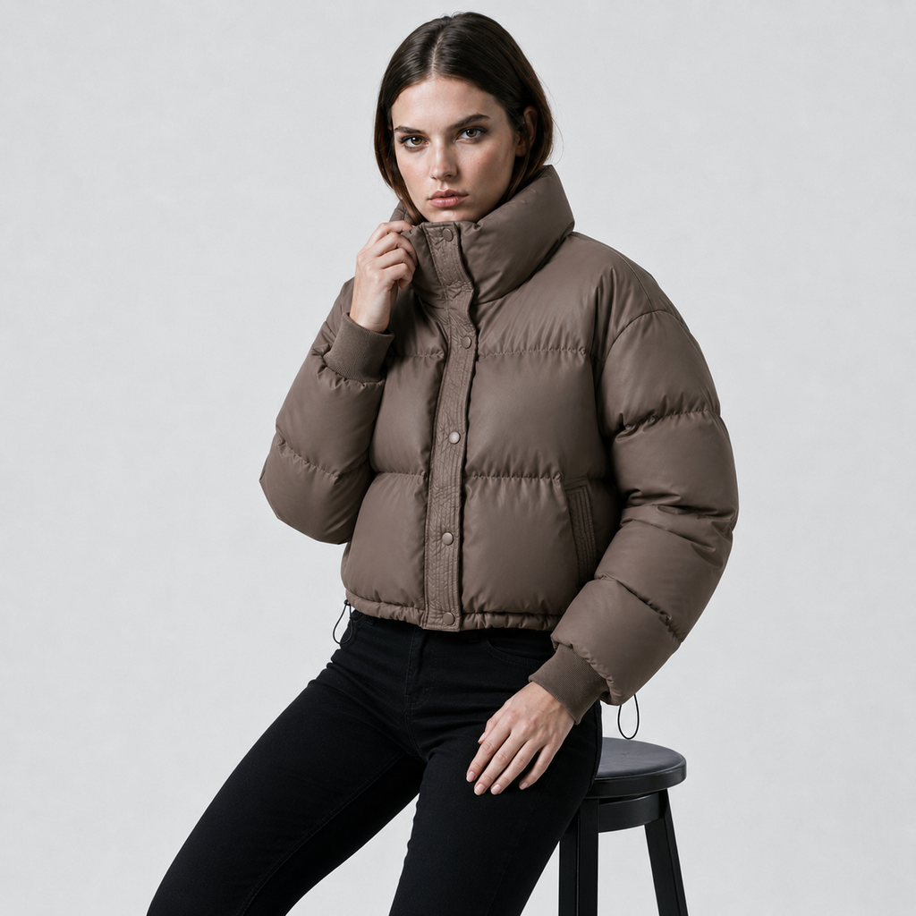 Women's Cropped Funnel-Neck Winter Puffer Jacket