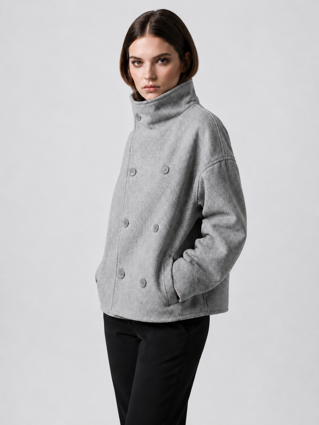 Women's Cropped Double-Breasted Funnel-Neck Jacket