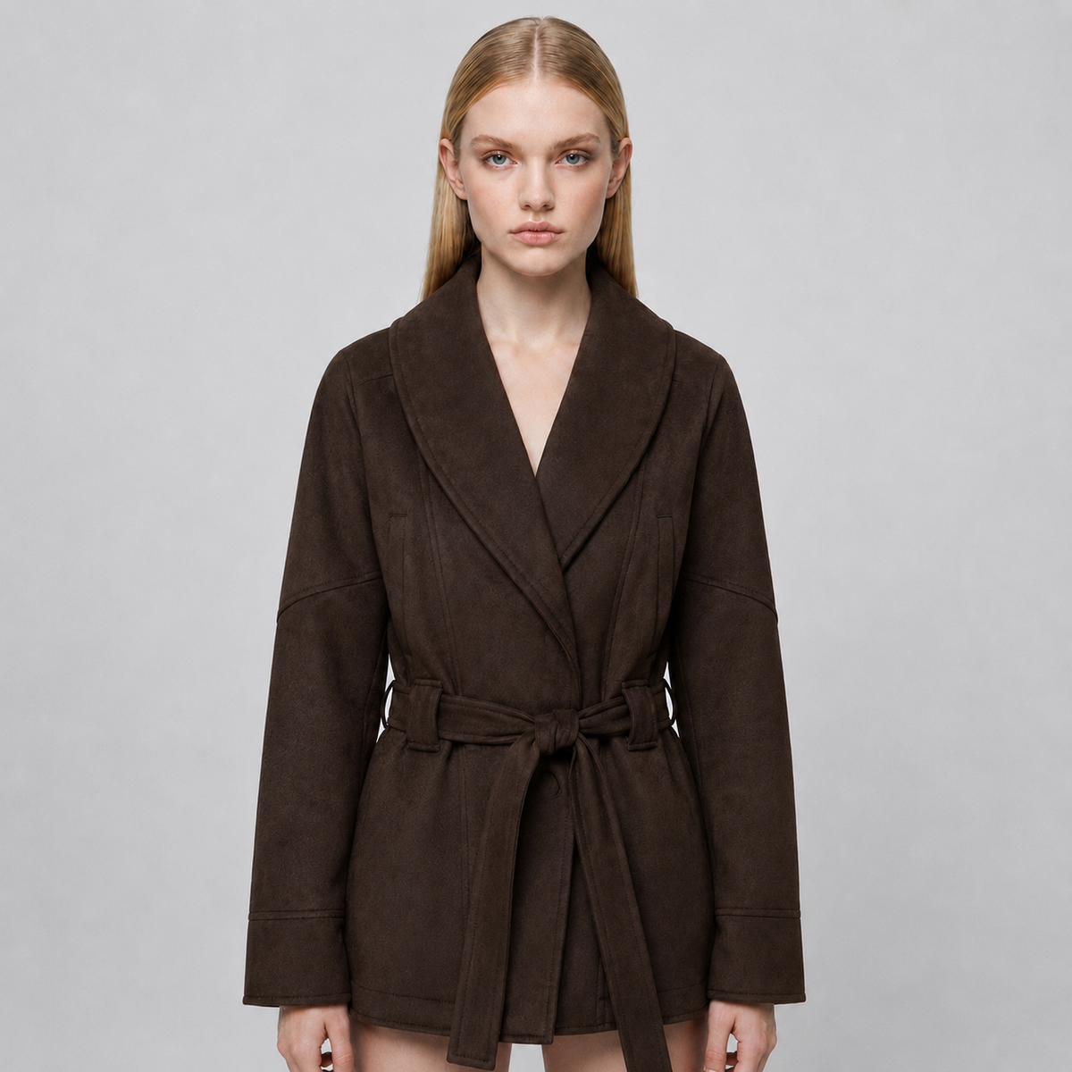 Women's Brown Belted Faux Suede Jacket