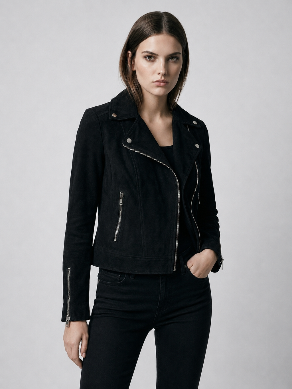 Women's Cropped Faux Suede Biker Jacket