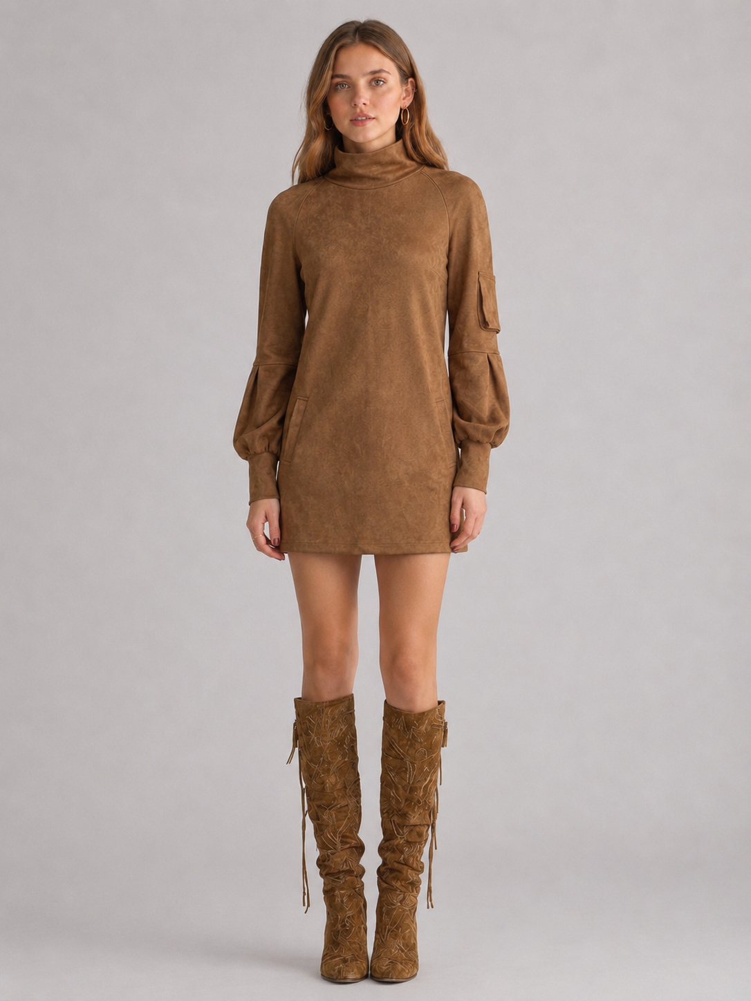 Women's Brown Faux Suede Turtleneck Mini Dress Main image