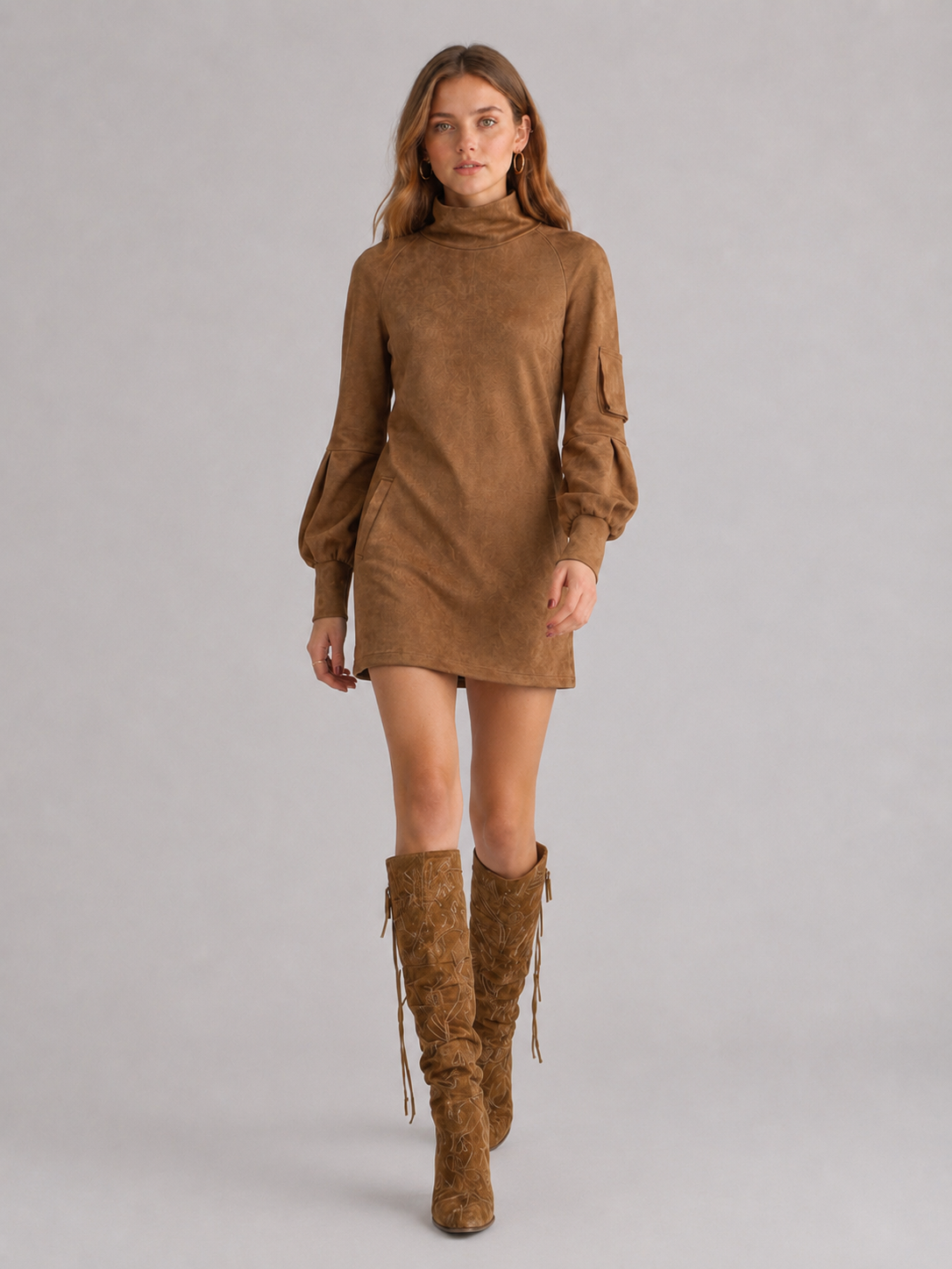 Women's Brown Faux Suede Turtleneck Mini Dress