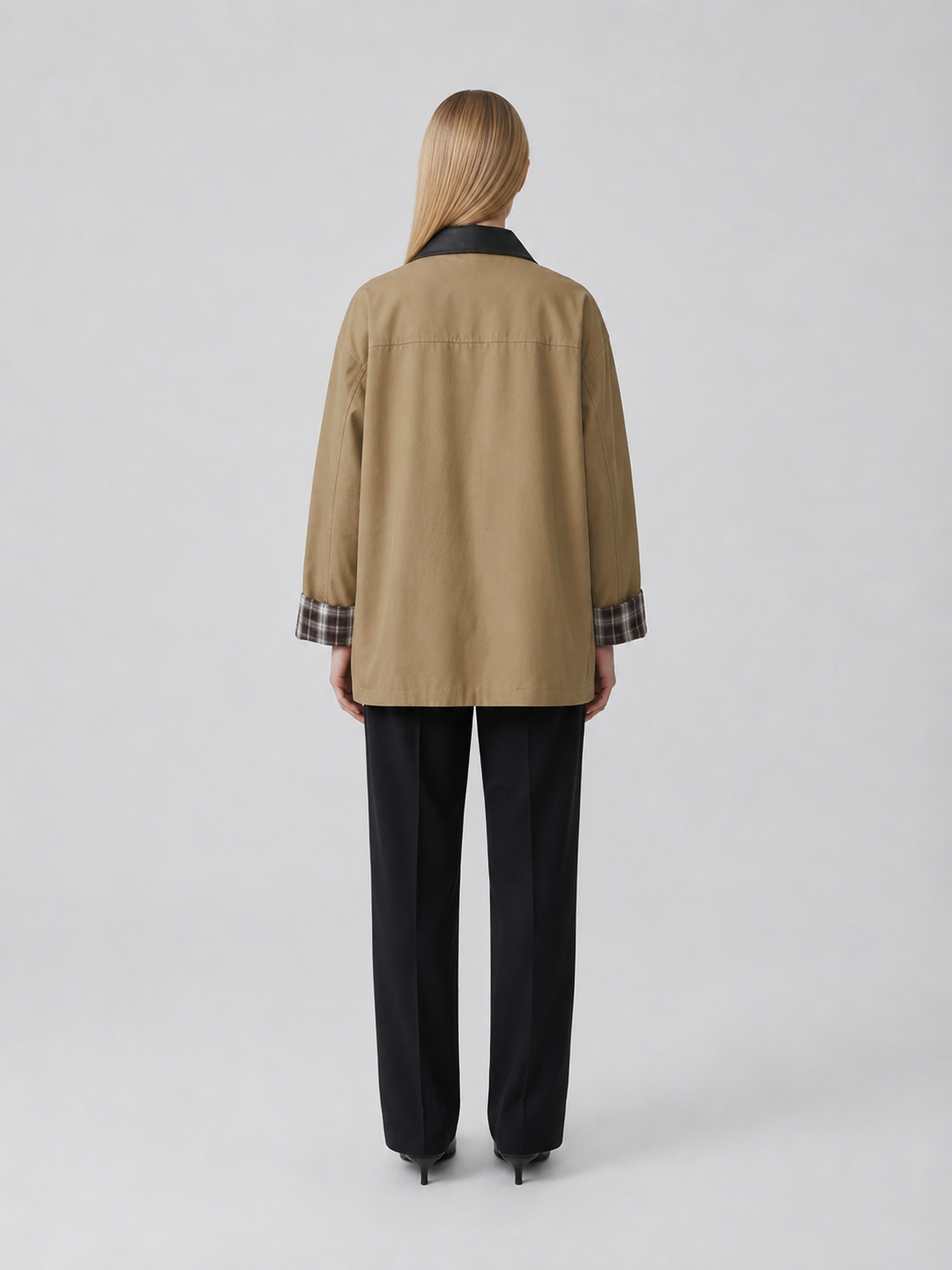 Women's Khaki Contrast Collar Button-Up Jacket