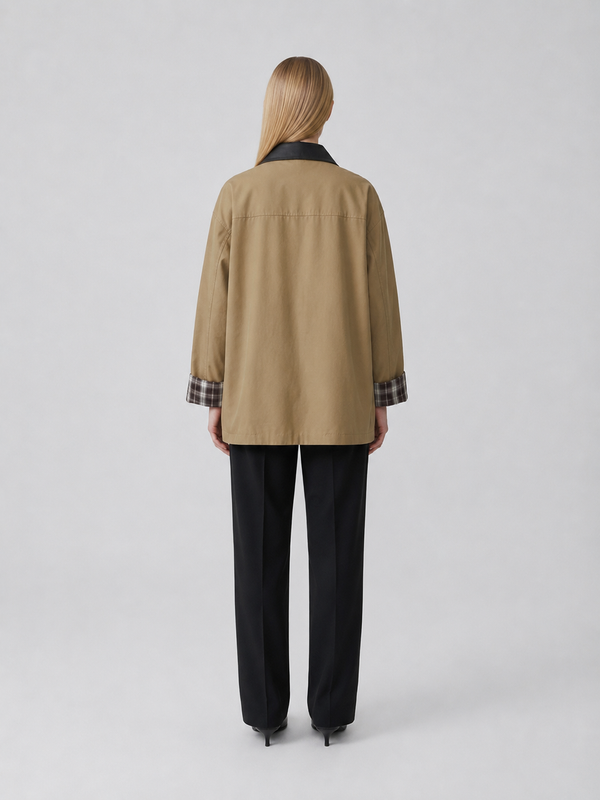 Women's Khaki Contrast Collar Button-Up Jacket