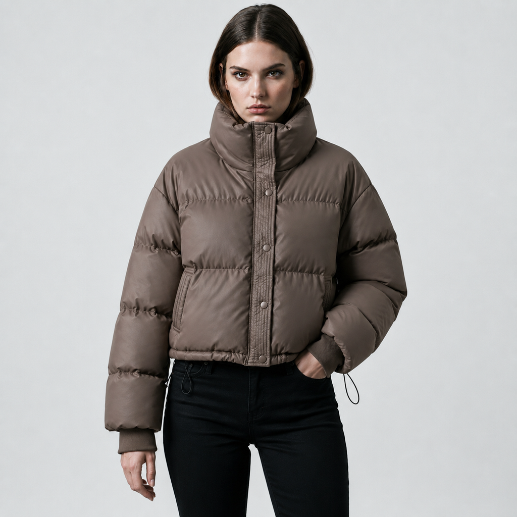 Women's Cropped Funnel-Neck Winter Puffer Jacket