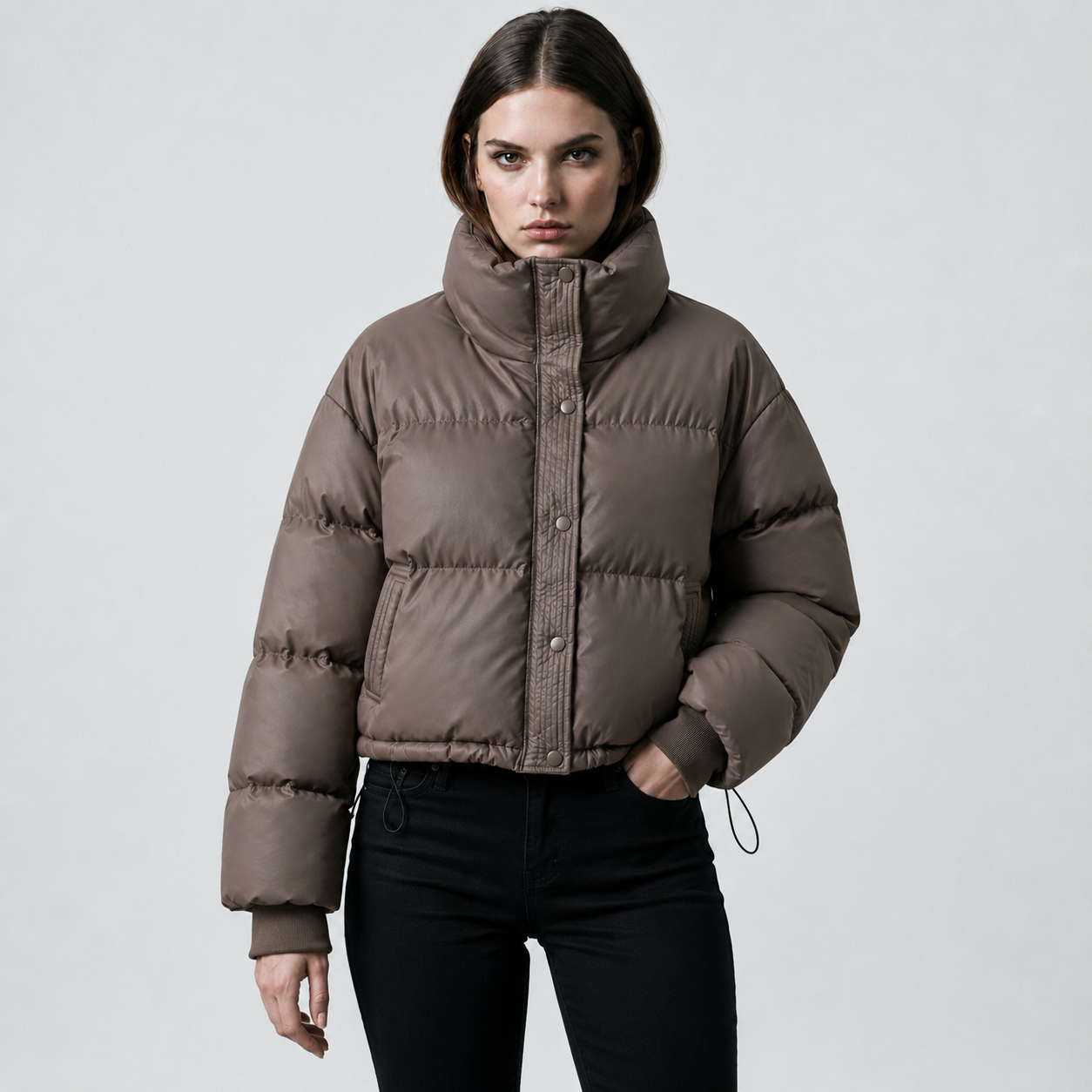 Women's Cropped Funnel-Neck Winter Puffer Jacket