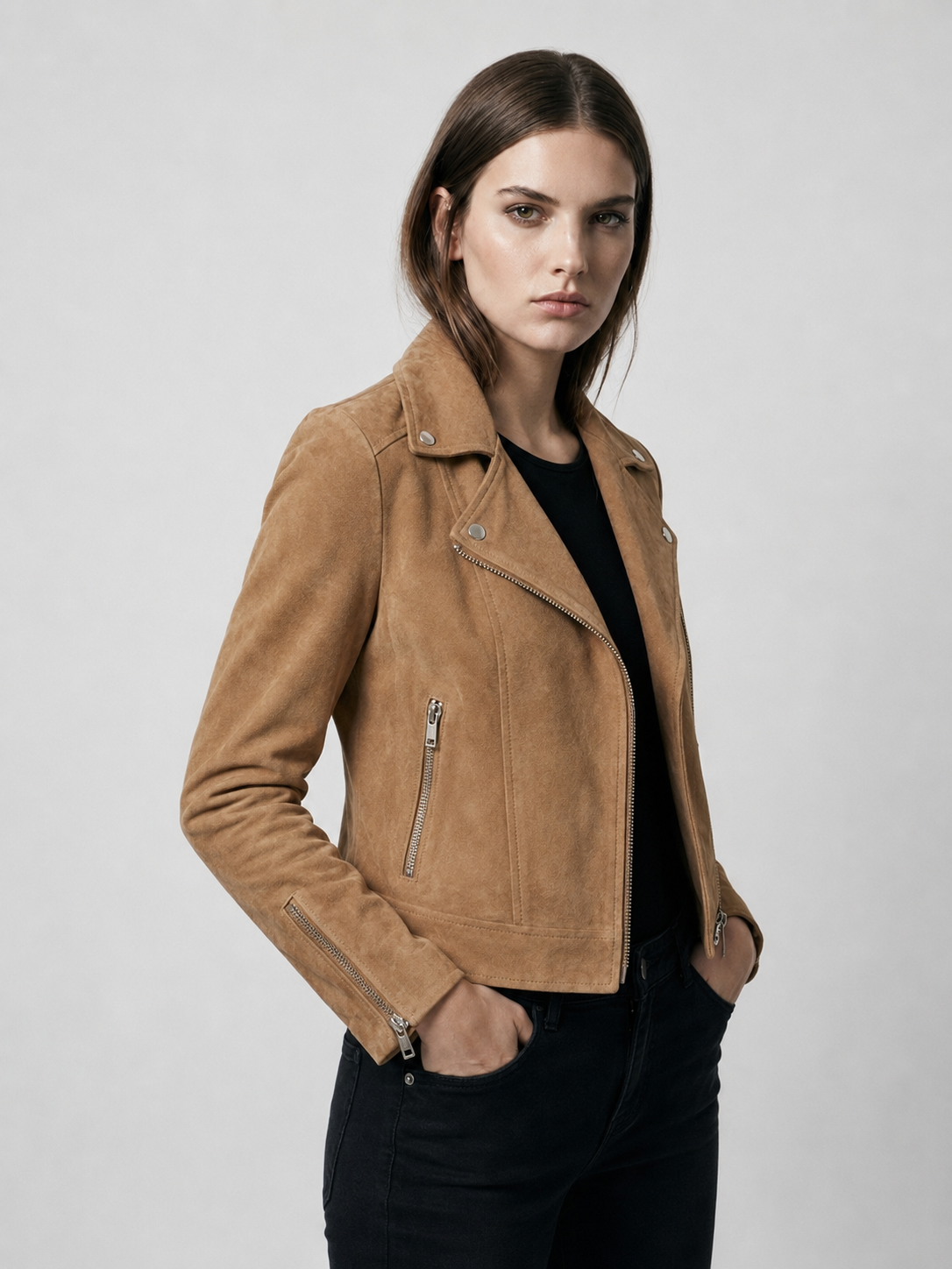 Women's Cropped Faux Suede Biker Jacket
